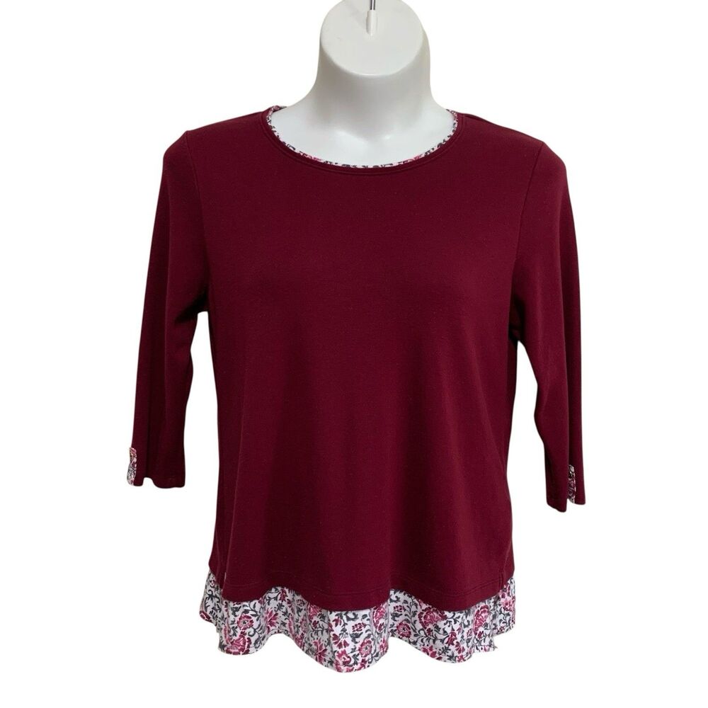 Karen Scott Top Women Size XL Burgundy Layered Look 3/4 Sleeve Knit Solid/Floral
